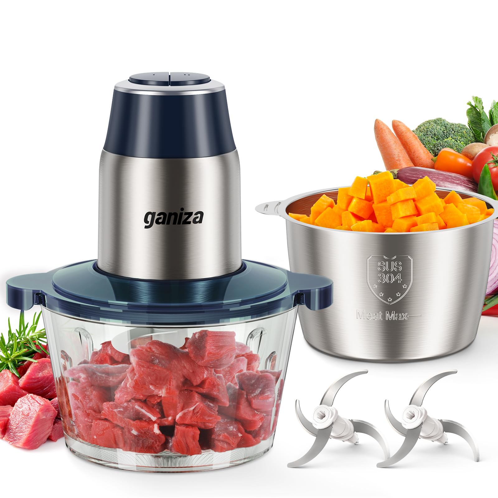 GANIZA Procesadores de alimentos, picadora eléctrica de alimentos con picadora de carne y picadora de verduras, 2 cuencos (8 tazas+8 tazas) con potente motor de cobre de 450 W, incluye 2 juegos de