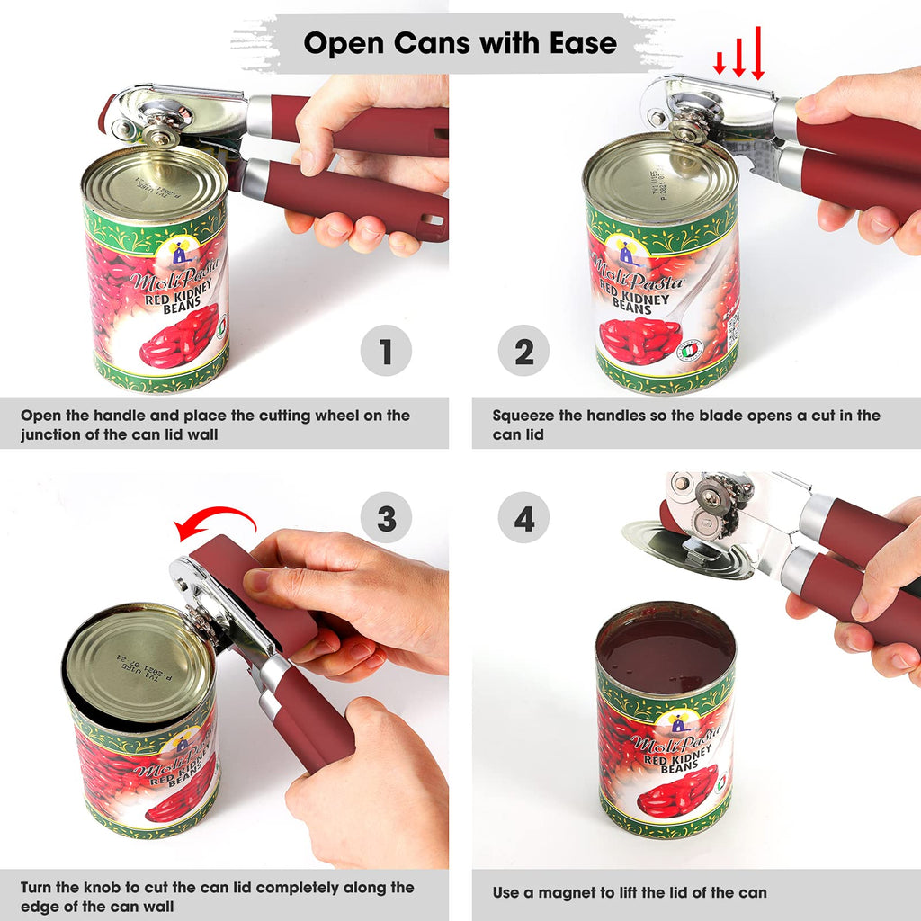 Beneno Heavy Duty Hand Can Opener Manual with Magnet, Durable Sharp Carbon Steel Blade Smooth Cutting, Big Effort-Saving Knob & Soft Grip Handle, Multifunctional Kitchen Tool with Bottle Opener, Green