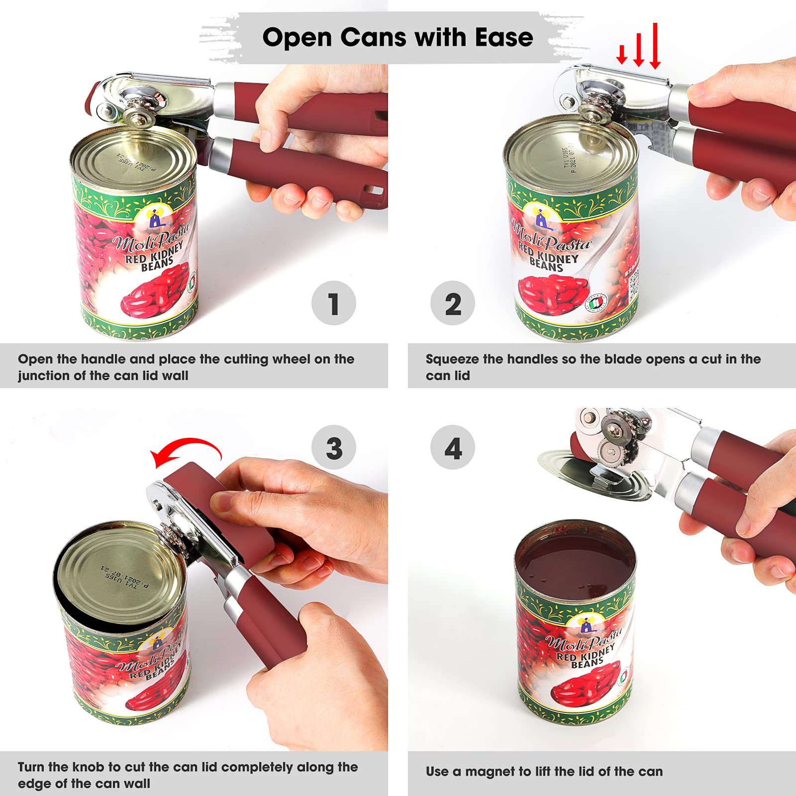Beneno Heavy Duty Hand Can Opener Manual with Magnet, Durable Sharp Carbon Steel Blade Smooth Cutting, Big Effort-Saving Knob & Soft Grip Handle, Multifunctional Kitchen Tool with Bottle Opener, Green