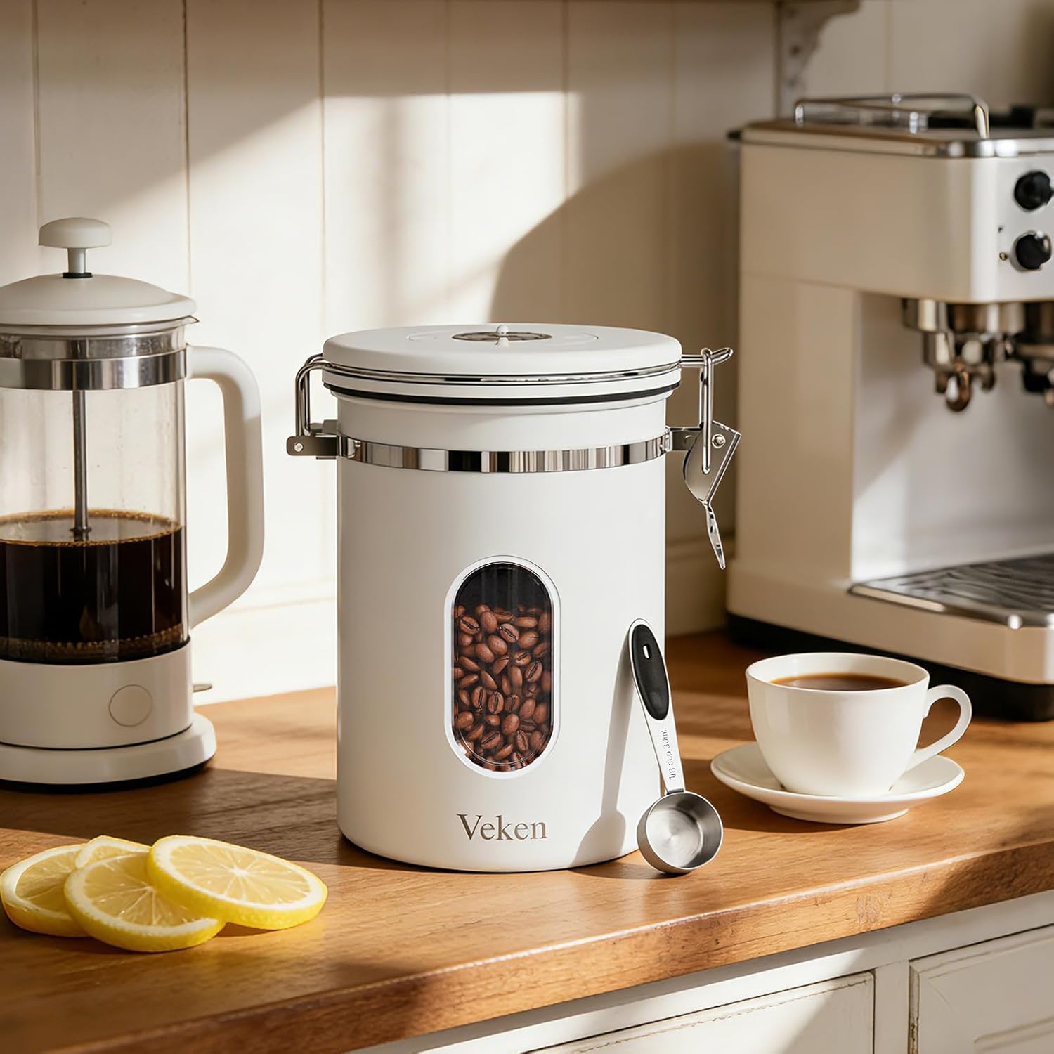 Veken Coffee Canister with Window,Airtight Stainless Steel Kitchen Food Storage Container, Date Tracker & Scoop for Grounds Coffee, Beans, Tea,Flour,Cereal,Sugar,22OZ,Copper
