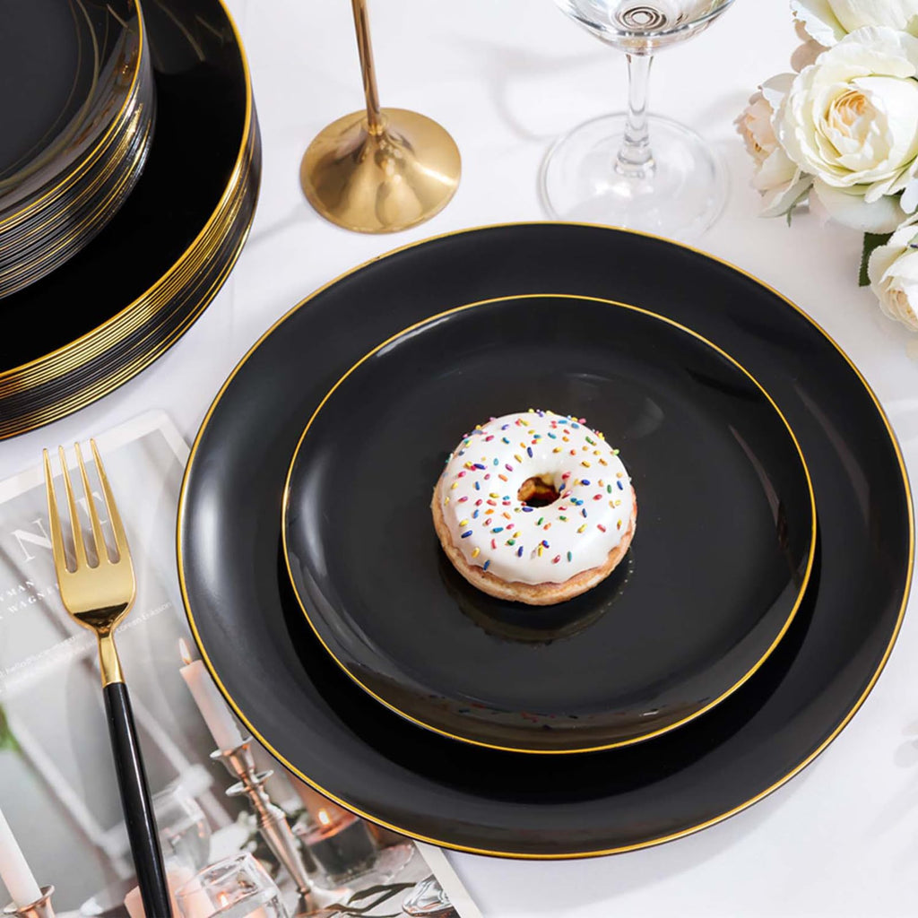 DaYammi 150Pcs Gold Plastic Plates with Disposable Silverware,White Gold Disposable Dinnerware Set - 30 Dinner Plate,30 Dessert Plate,90 Gold Cutlery with White Handles,Fancy Plates for Party Wedding