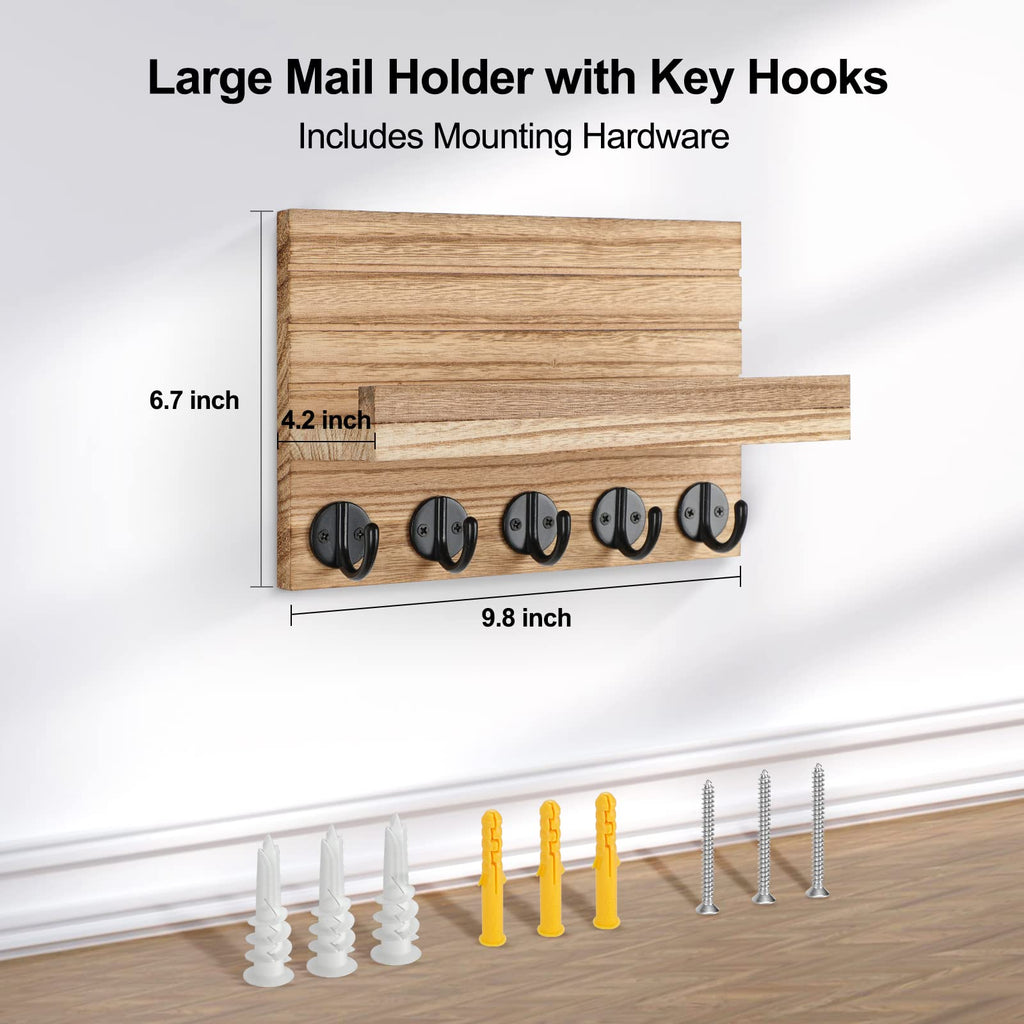 Key Holder for Wall, Decorative Key and Mail Holder with Shelf Has Large Hooks for Bags, Coats, Umbrella – Paulownia Wood Key Hanger with Mounting Hardware (9.8”W x 6.7”H x 4.2”D)