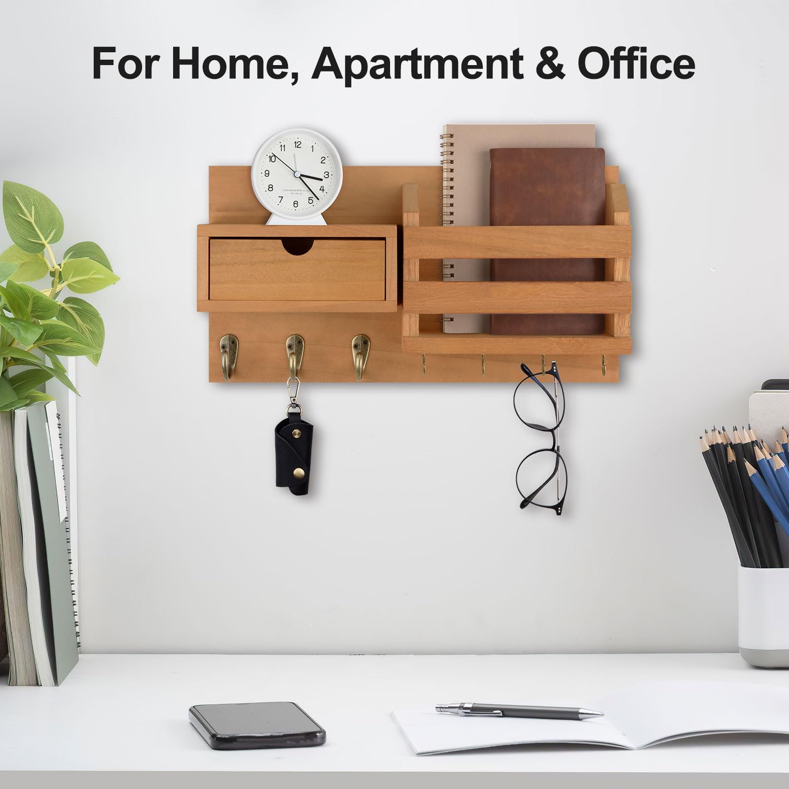 Wall Mount Key Holder with Mail Organizer, 100% Paulownia Wood, 7 Metal Hooks, Storage Drawer, Entryway Home Decor (Brown)