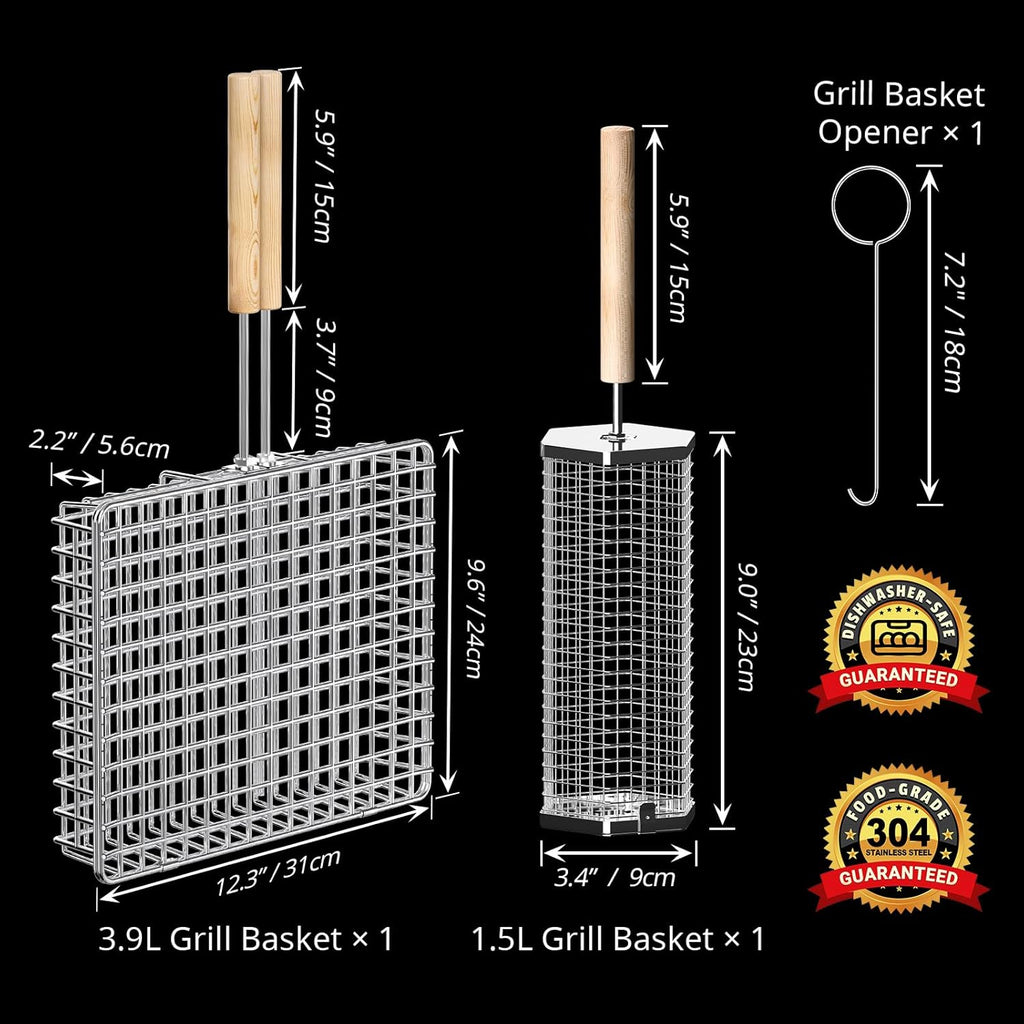 ivtivfu Grill Basket Set, Removable Wooden Handle, 304 Stainless Steel, Rolling BBQ Tools, Smoker Grilling Accessories for Vegetable Fish, Outdoor Cooking Camping, Birthday Gifts for Men Dad Husband