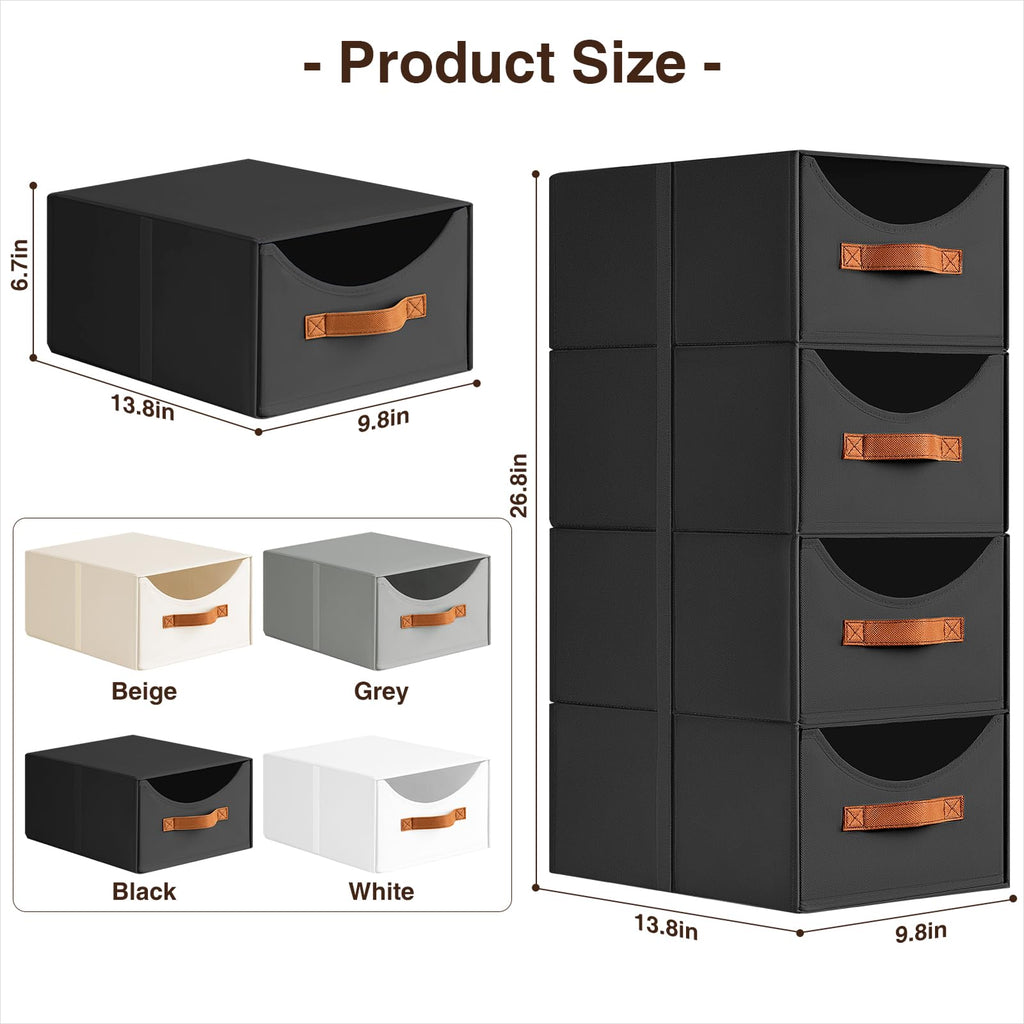 Homsorout Stackable Storage Drawers - Collapsible Storage Bins with Drawers, 4 Pack Closet Shelf Organizer Basket, Fabric Pull Out Organizer for Bedroom, Living Room, Dorm, Beige