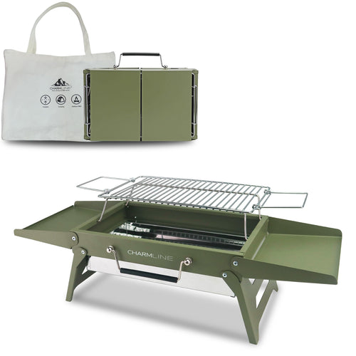 Charmline 14 x 9 inches Portable Charcoal BBQ Grill, Foldable Compact Camping Barbecue for 1–3 People, Ideal for Garden, Beach, Picnic & Tabletop Use, Green