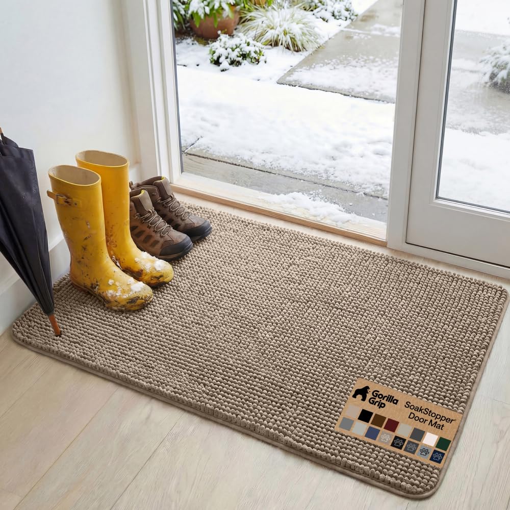 GORILLA GRIP SoakSTOPPER Dog Door Mat, Machine Washable Rug Absorbent Doormat Captures Moisture Mud Dirt, Quick Dry Soft Chenille Entryway Rugs Indoor Entrance Mats for Dog Paws, 24x17 Grey