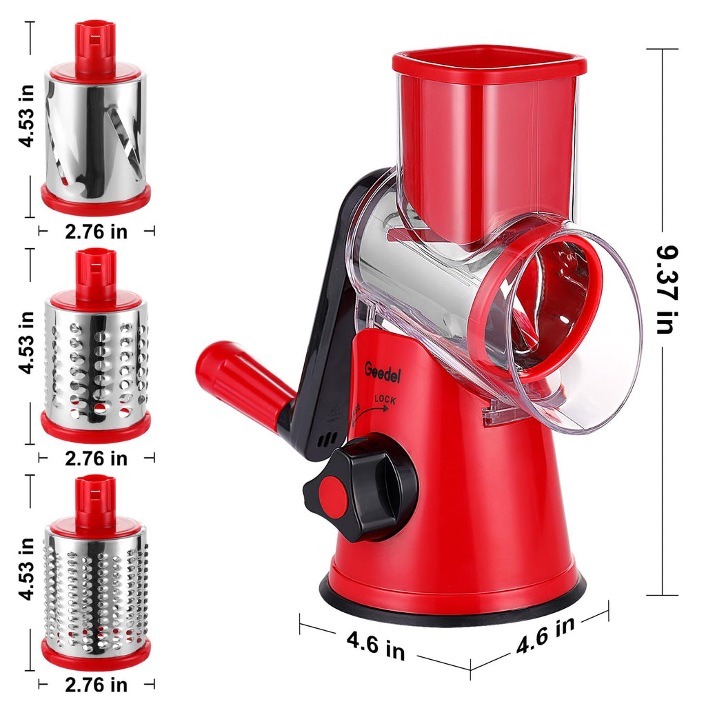 Geedel Rotary Cheese Grater, Kitchen Mandoline Vegetable Slicer with 3 Interchangeable Blades, Easy to Clean Rotary Grater Slicer for Fruit, Vegetables, Nuts