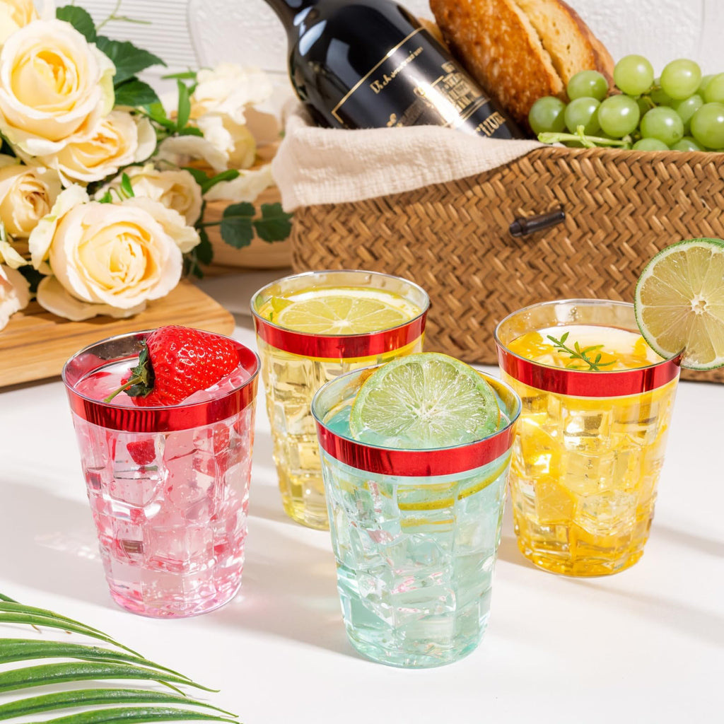 DaYammi 200 Pack Gold Plastic Cups 10 Oz Clear Cup Gold Rimmed Disposable Wine Glasses Fancy Disposable Party Cups Tumblers Drinking Cup Plastic Cocktail Glasses gold disposable cups for Party Wedding
