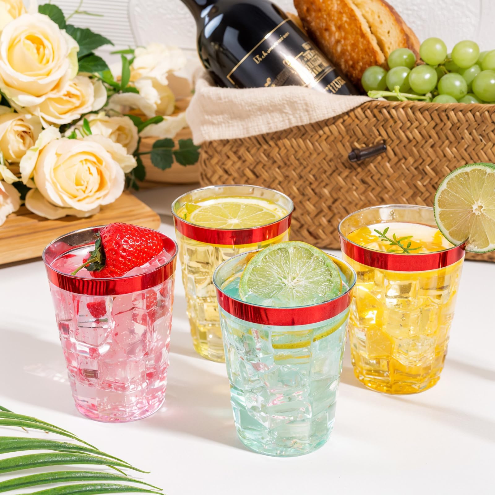 DaYammi 200 Pack Gold Plastic Cups 10 Oz Clear Cup Gold Rimmed Disposable Wine Glasses Fancy Disposable Party Cups Tumblers Drinking Cup Plastic Cocktail Glasses gold disposable cups for Party Wedding