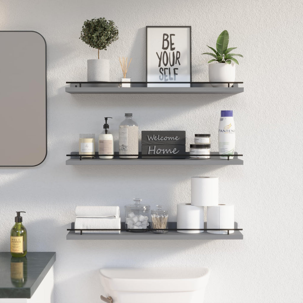 WOPITUES Floating Shelves with Black Metal Guardrail, Shelves for Wall Decor Set of 3, Wall Shelves for Bedroom, Bathroom, Kitchen, Living Room, Plants, Picture Frames, Art- Black