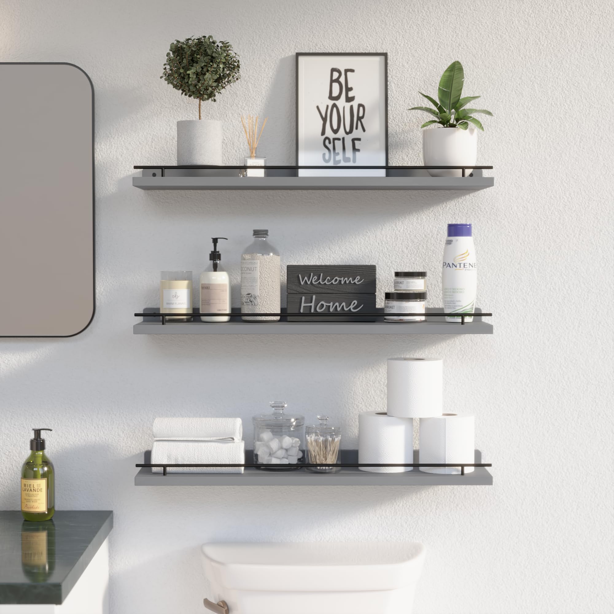 WOPITUES Floating Shelves with Black Metal Guardrail, Shelves for Wall Decor Set of 3, Wall Shelves for Bedroom, Bathroom, Kitchen, Living Room, Plants, Picture Frames, Art- Black
