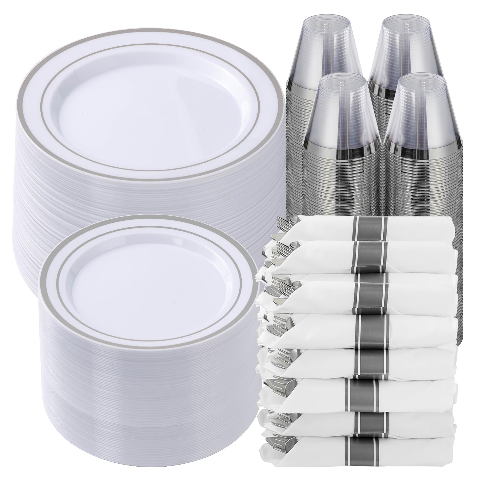 Goodluck 350 Piece Silver Plastic Dinnerware Set for 50 Guests, Fancy Disposable Plates for Party, Include: 50 Dinner Plates, 50 Dessert Plates, 50 Pre Rolled Napkins with Silver Silverware, 50 Cups