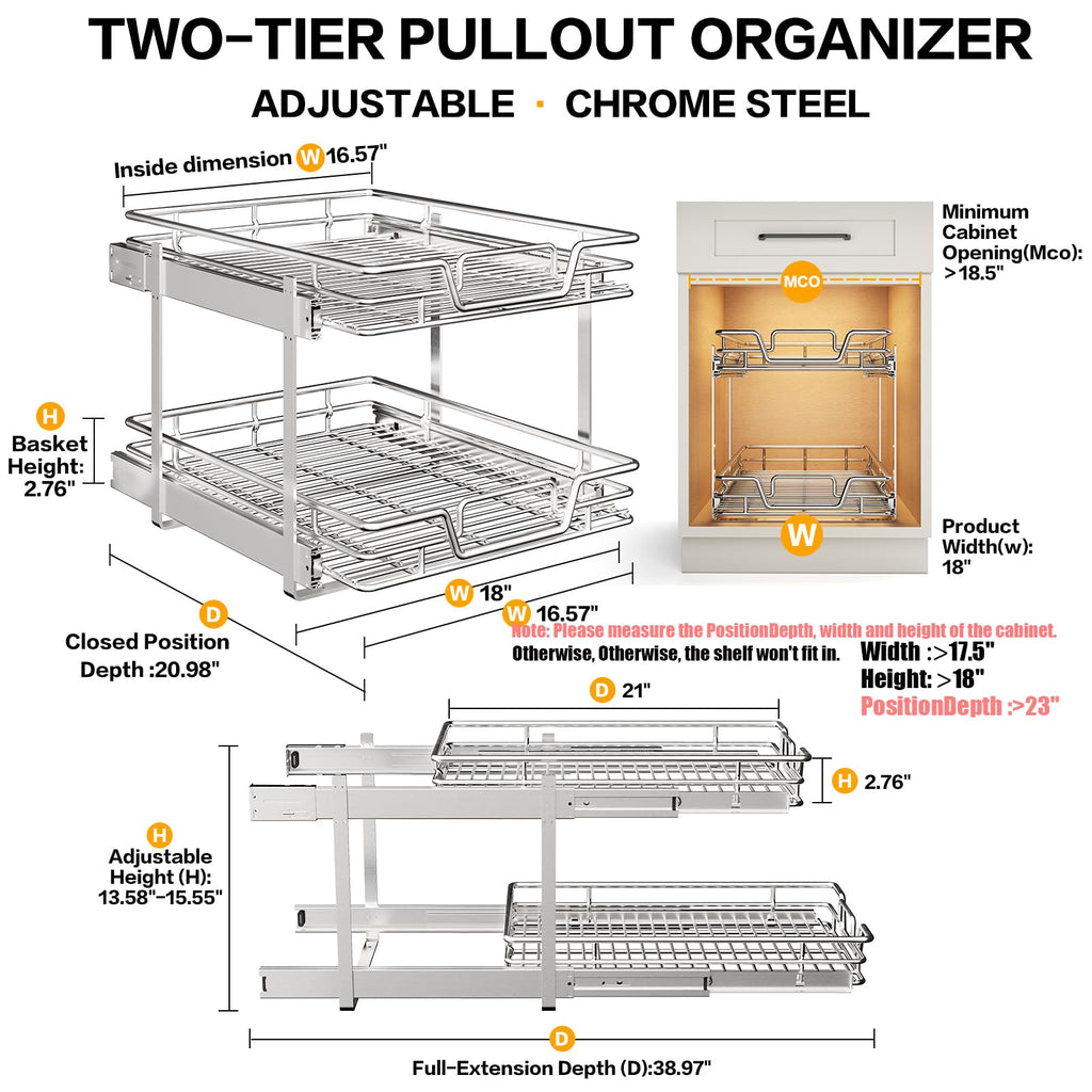 2-Tier Kitchen Cabinet,Pull Out Cabinet Organizer,Shelf and Drawer Organizer Slide Out Pantry Storaqe Basket in Multiple Sizes (12" W x21 D)
