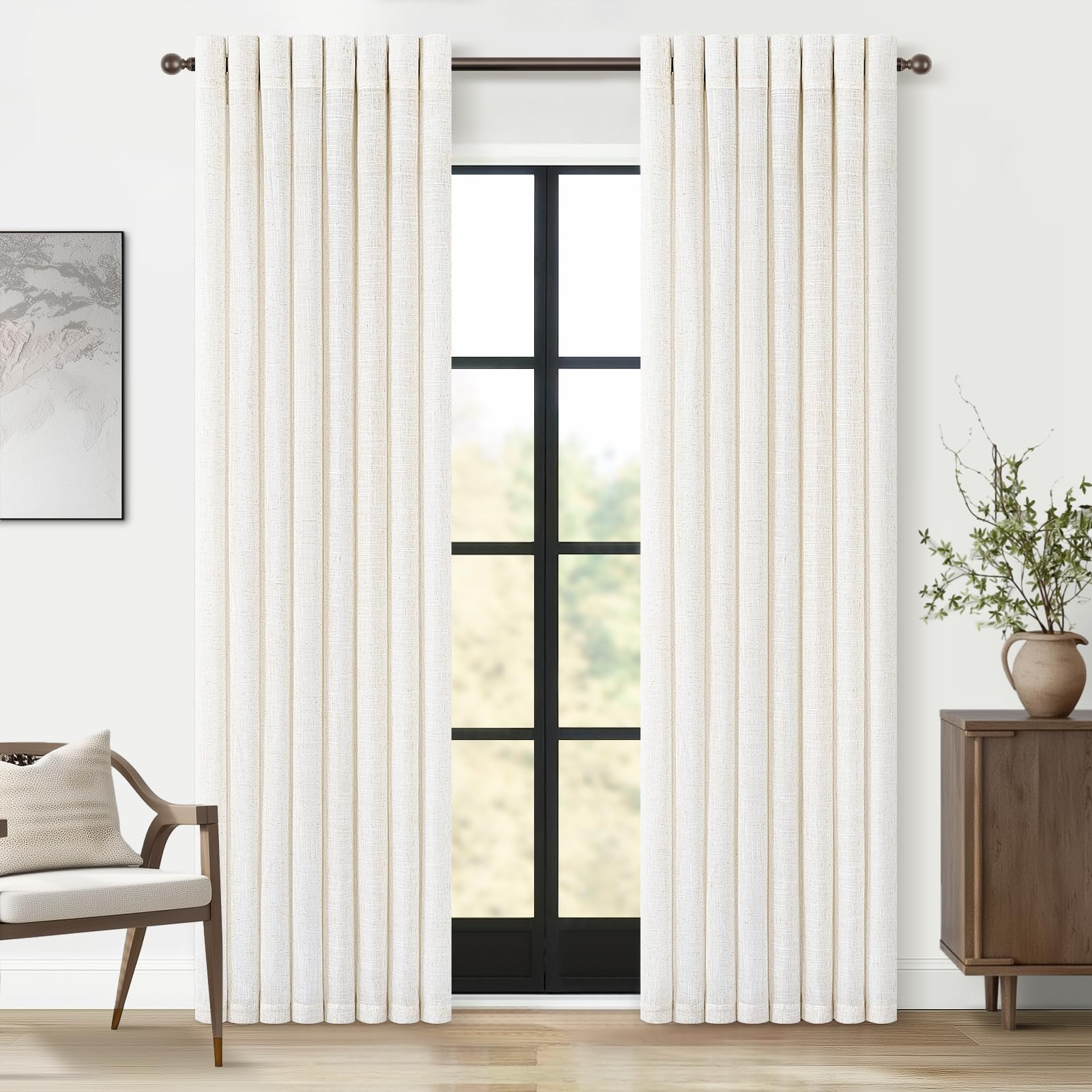 Topfinel Linen Sheer Curtains 96 Inches Long for Living Room 2 Panel Set Cream Ivory Light Filtering Pleat Drapes with Grommet Natural Boho Farmhouse 96 Inch Curtain Drapes for Bedroom Window 52"x96"