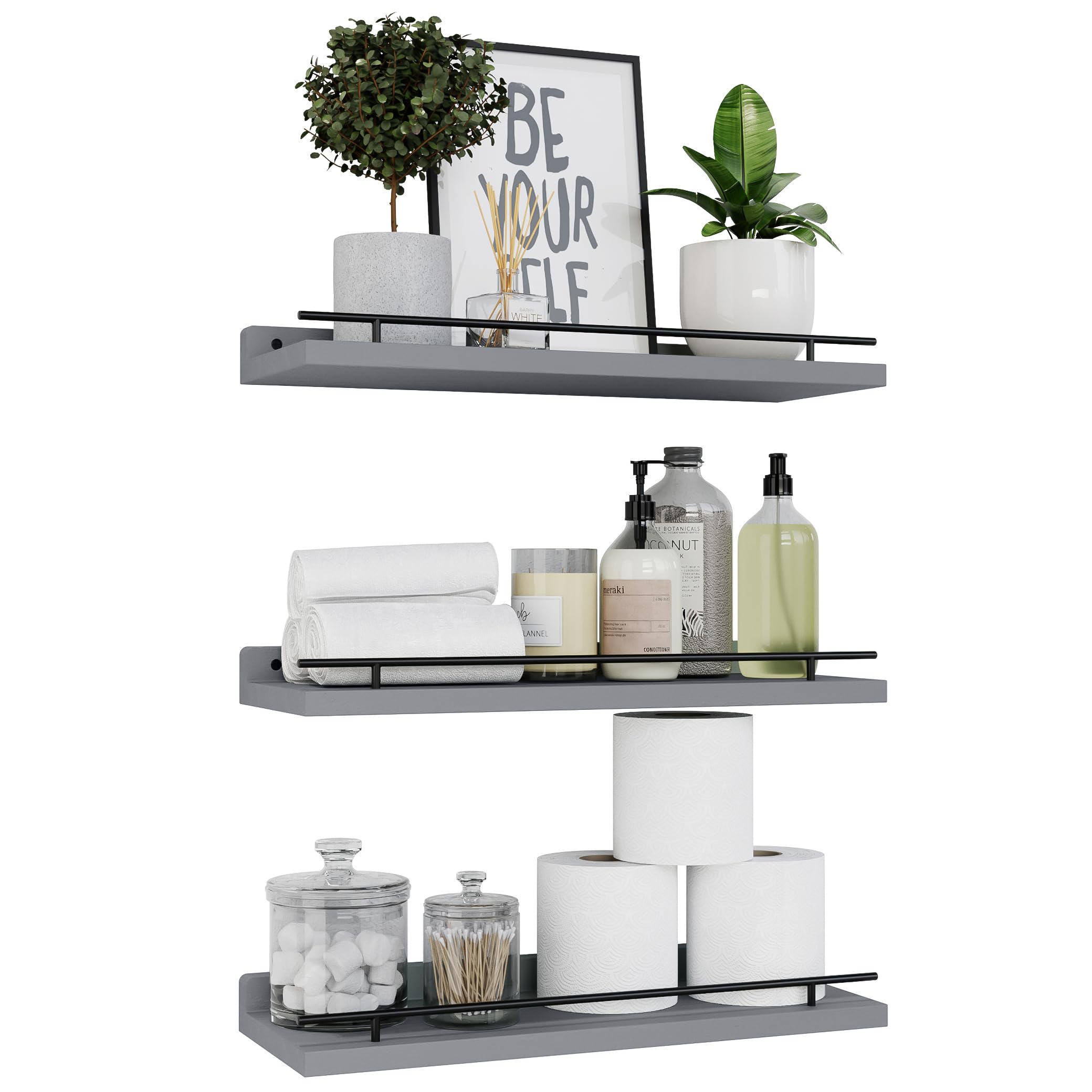 WOPITUES Floating Shelves with Black Metal Guardrail, Shelves for Wall Decor Set of 3, Wall Shelves for Bedroom, Bathroom, Kitchen, Living Room, Plants, Picture Frames, Art- Black
