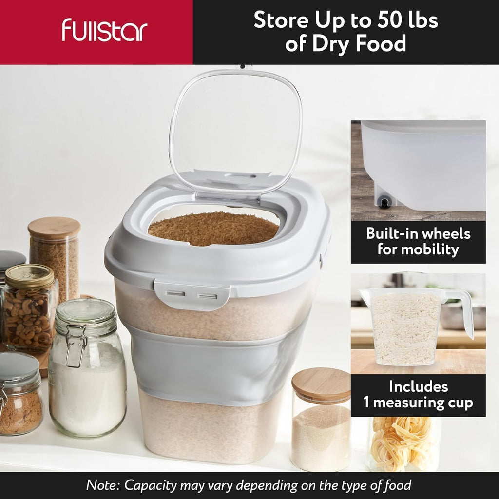 Fullstar 50 Lbs Rice & Flour Storage - Large Food & Pet Food Container (Gray)