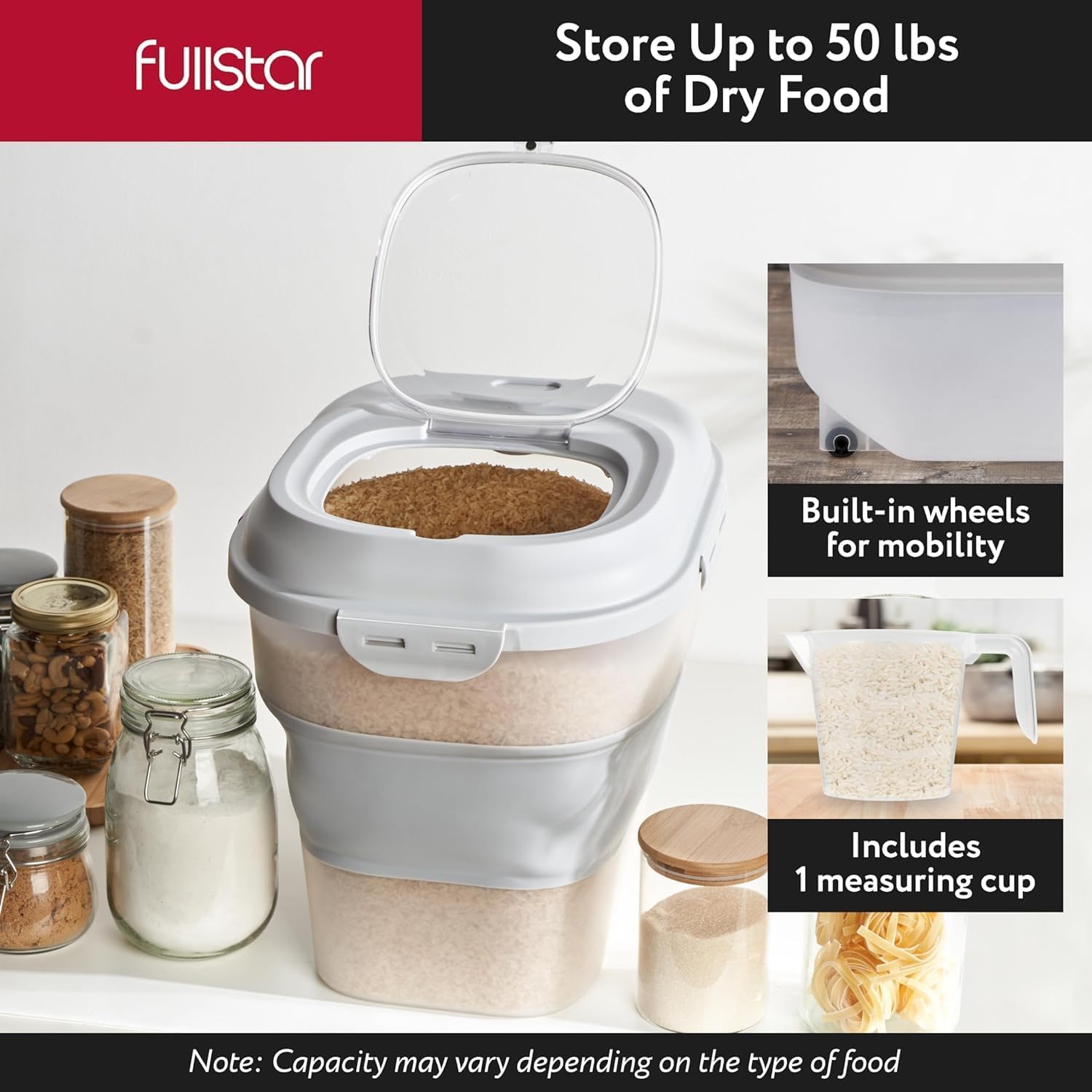 Fullstar 50 Lbs Rice & Flour Storage - Large Food & Pet Food Container (Gray)