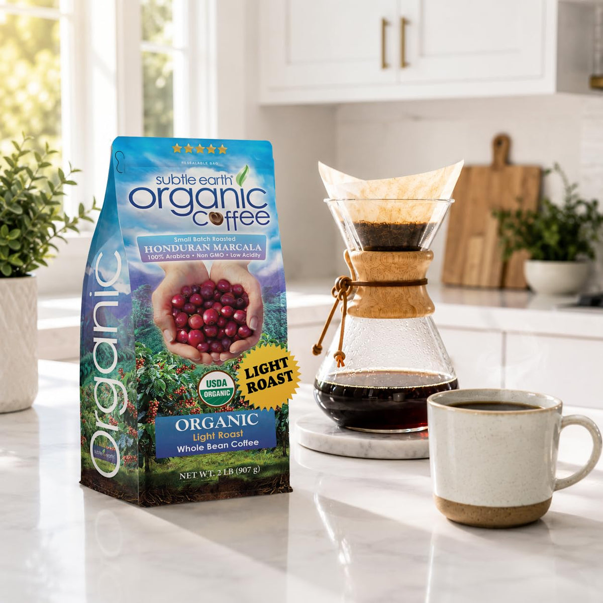 2LB Subtle Earth Organic Coffee - Dark Roast - Whole Bean Coffee - 100% Arabica Beans - Low Acidity and Non-GMO - 2lb bag