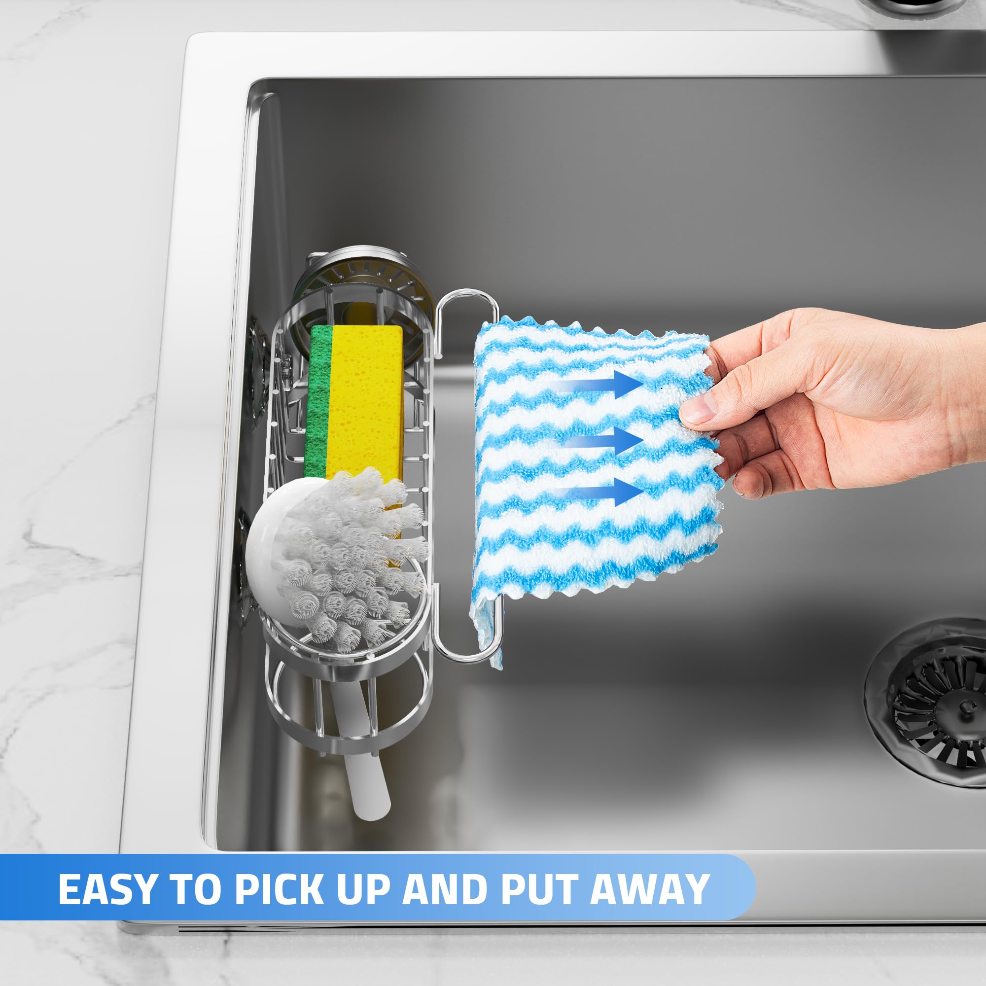 Cisily Organizador de Fregadero de Cocina con Soporte para Esponja en el Fregadero, Organizador de Fregadero de Cocina de Acero Inoxidable, Soporte para Cepillo, Percha para Paños de Platos, Soporte