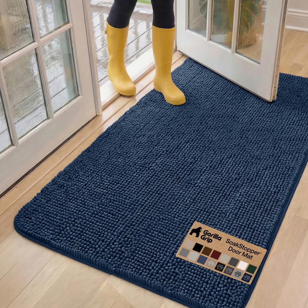 GORILLA GRIP SoakSTOPPER Dog Door Mat, Machine Washable Rug Absorbent Doormat Captures Moisture Mud Dirt, Quick Dry Soft Chenille Entryway Rugs Indoor Entrance Mats for Dog Paws, 24x17 Grey