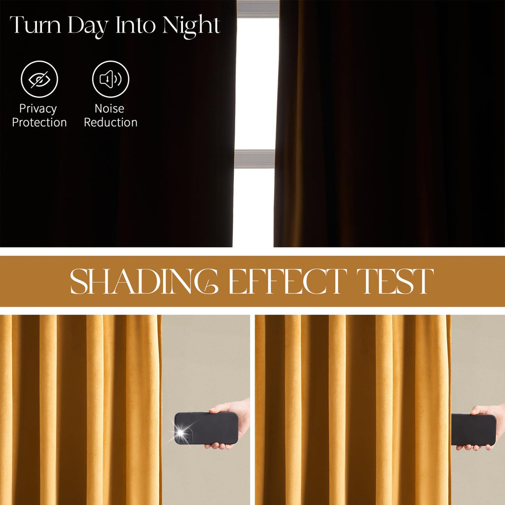 Topfinel 108 Inches Long Mustard Yellow Velvet Blackout Curtains for Living Room Large Window, Pinch Pleated Pastel Gold Cold Block Acoustic Floor Length Boho Track Curtains 2 Panels, 9 FT Valentines