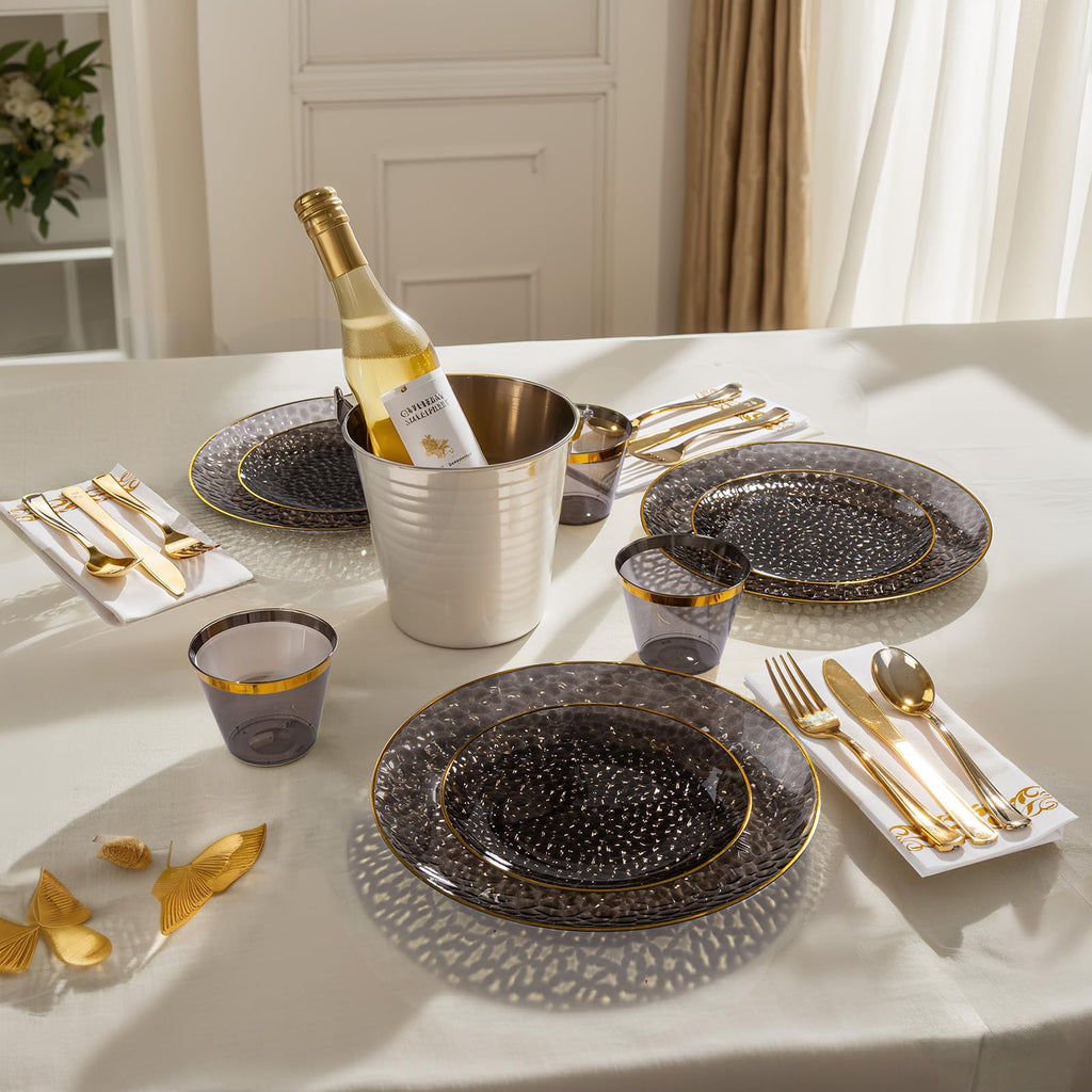 DaYammi 350PCS Clear Gold Plastic Dinnerware Set for 50 Guests, Hammered Disposable Plates for Party, Include: 50 Dinner Plates, 50 Dessert Plates, 150 Gold Silverware, 50 Napkins, 50 Cups
