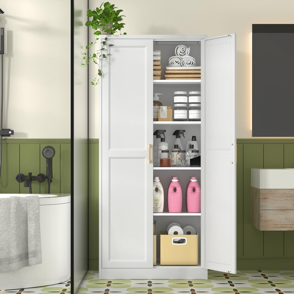 Polup White Kitchen Pantry Cabinet, 71 Inch Tall Metal Storage Cabinet with Doors and Shelves, Pantry Cabinets for Kitchen Storage, Freestanding Cupboard for Living, Dining Room, Assemble Required