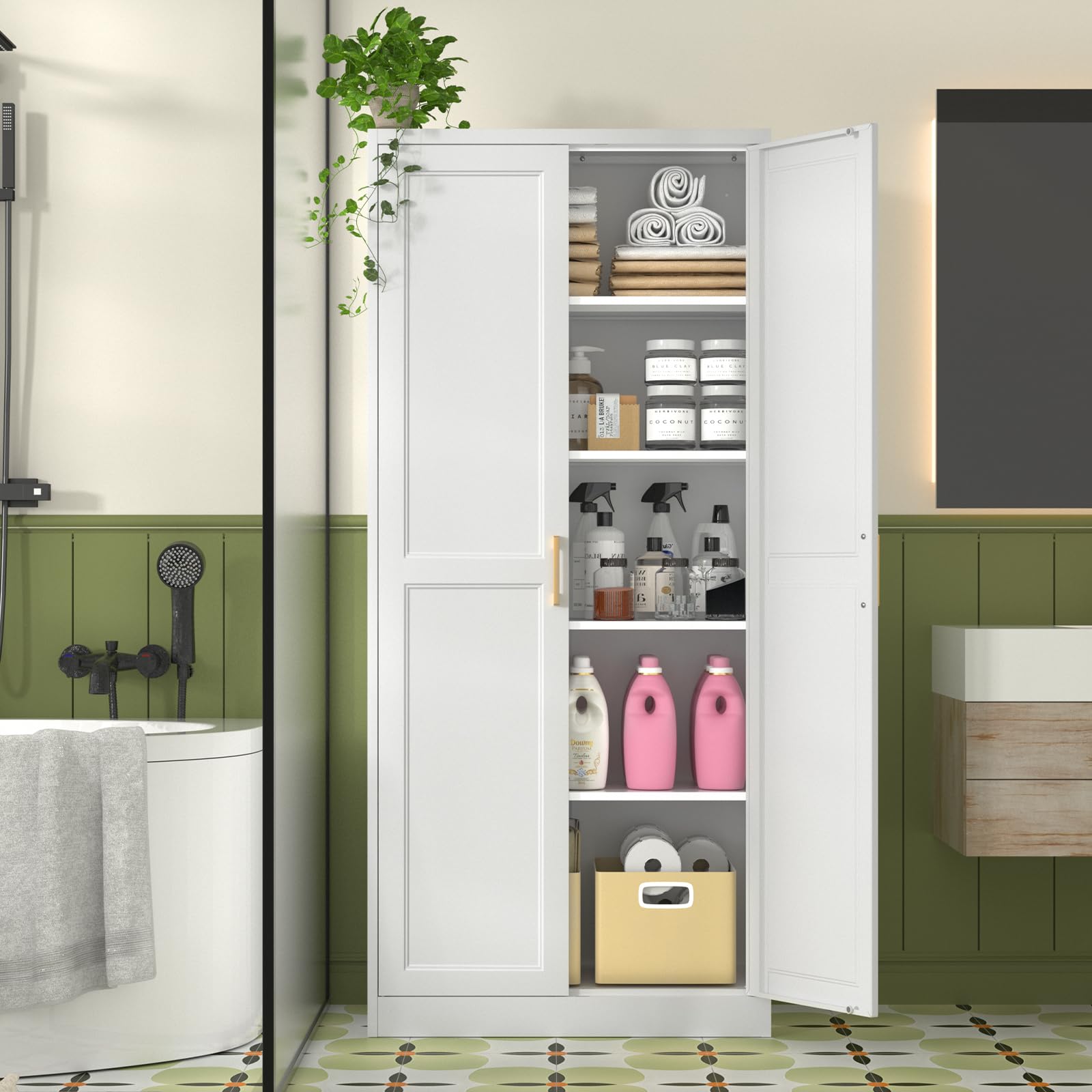 Polup White Kitchen Pantry Cabinet, 71 Inch Tall Metal Storage Cabinet with Doors and Shelves, Pantry Cabinets for Kitchen Storage, Freestanding Cupboard for Living, Dining Room, Assemble Required