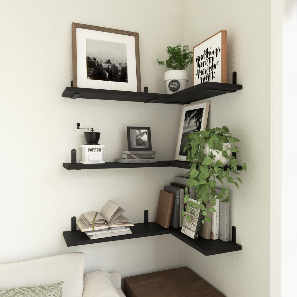 WOPITUES Wood Floating Shelves Set of 6, Shelves for Wall Decor, Farmhouse Shelf for Bedroom, Bathroom Storage Shelves, Book Shelves for Living Room - Rustic Brown