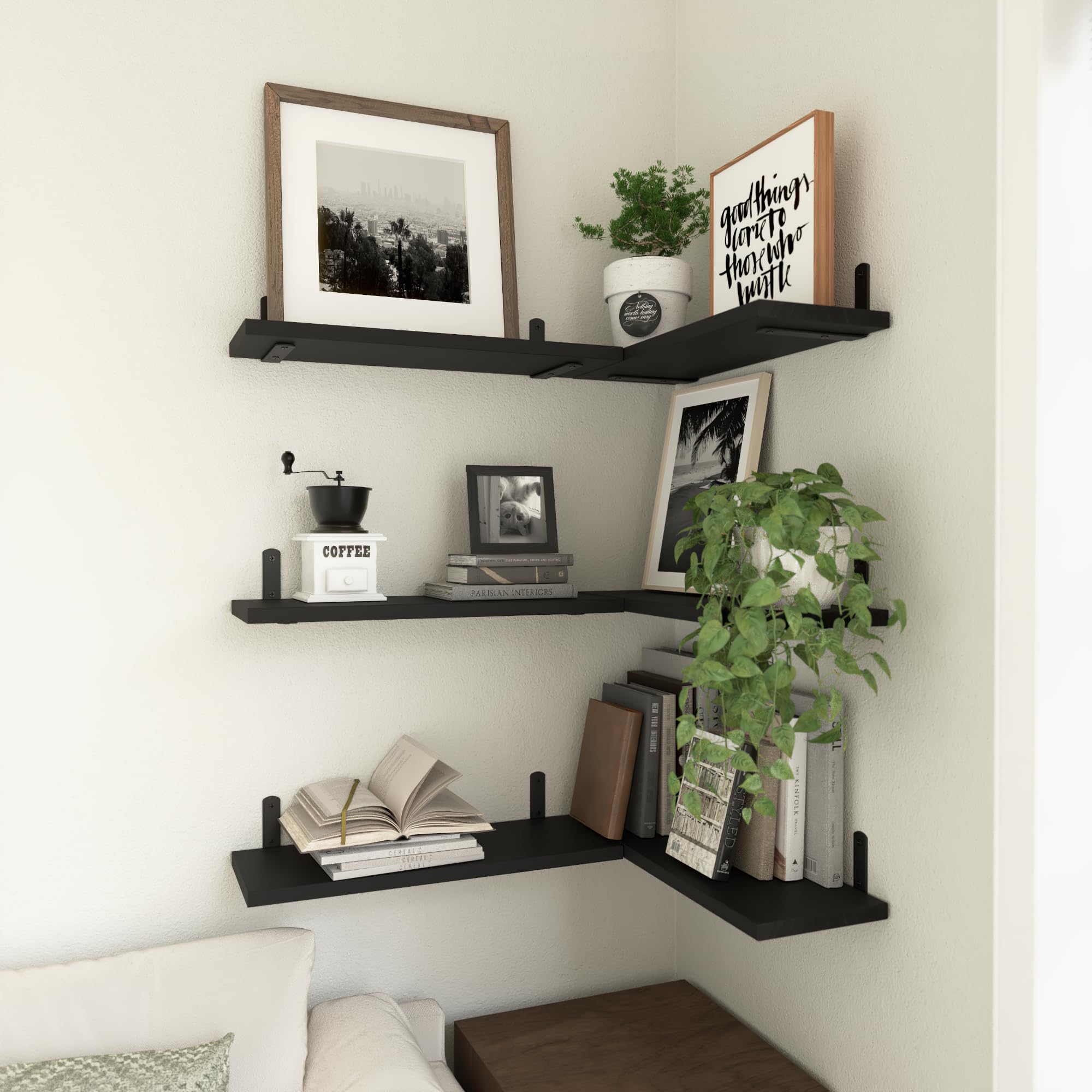 WOPITUES Wood Floating Shelves Set of 6, Shelves for Wall Decor, Farmhouse Shelf for Bedroom, Bathroom Storage Shelves, Book Shelves for Living Room - Rustic Brown