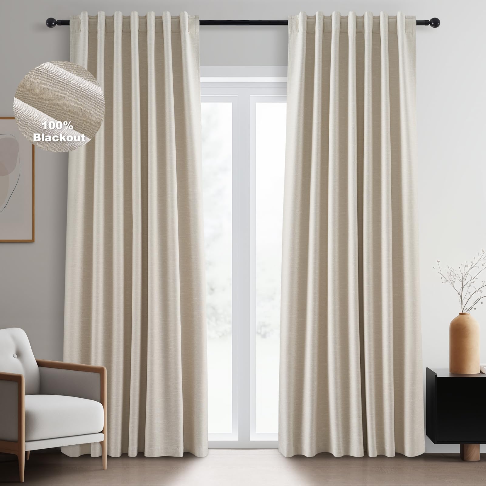 Topfinel Cream Linen Blackout Curtains 84 Inch Long for Bedroom Living Room, Ivory Pinch Pleat Back Tab Full Blackout Drapes Farmhouse Boho Curtains for Window, White Neutral Curtains 52" X 84" 7 FT