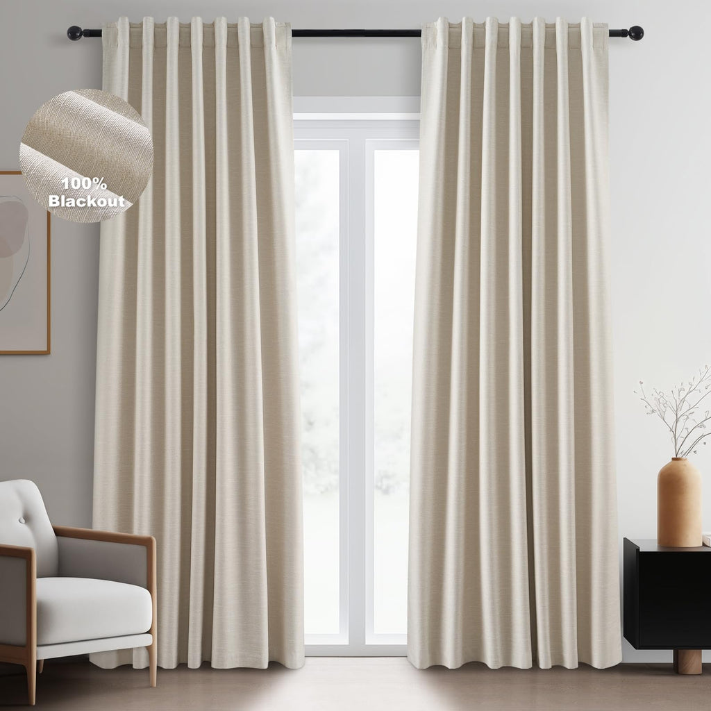 Topfinel Cream Linen Blackout Curtains 84 Inch Long for Bedroom Living Room, Ivory Pinch Pleat Back Tab Full Blackout Drapes Farmhouse Boho Curtains for Window, White Neutral Curtains 52" X 84" 7 FT