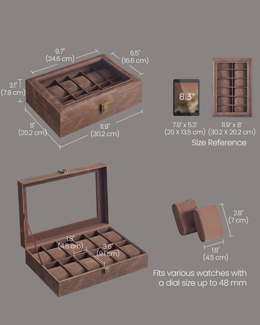 SONGMICS Watch Box, 12-Slot Watch Case Organizer with Large Glass Lid, Removable Pillows, Gift for Loved Ones, Black Synthetic Leather, Gray Lining UJWB12BK