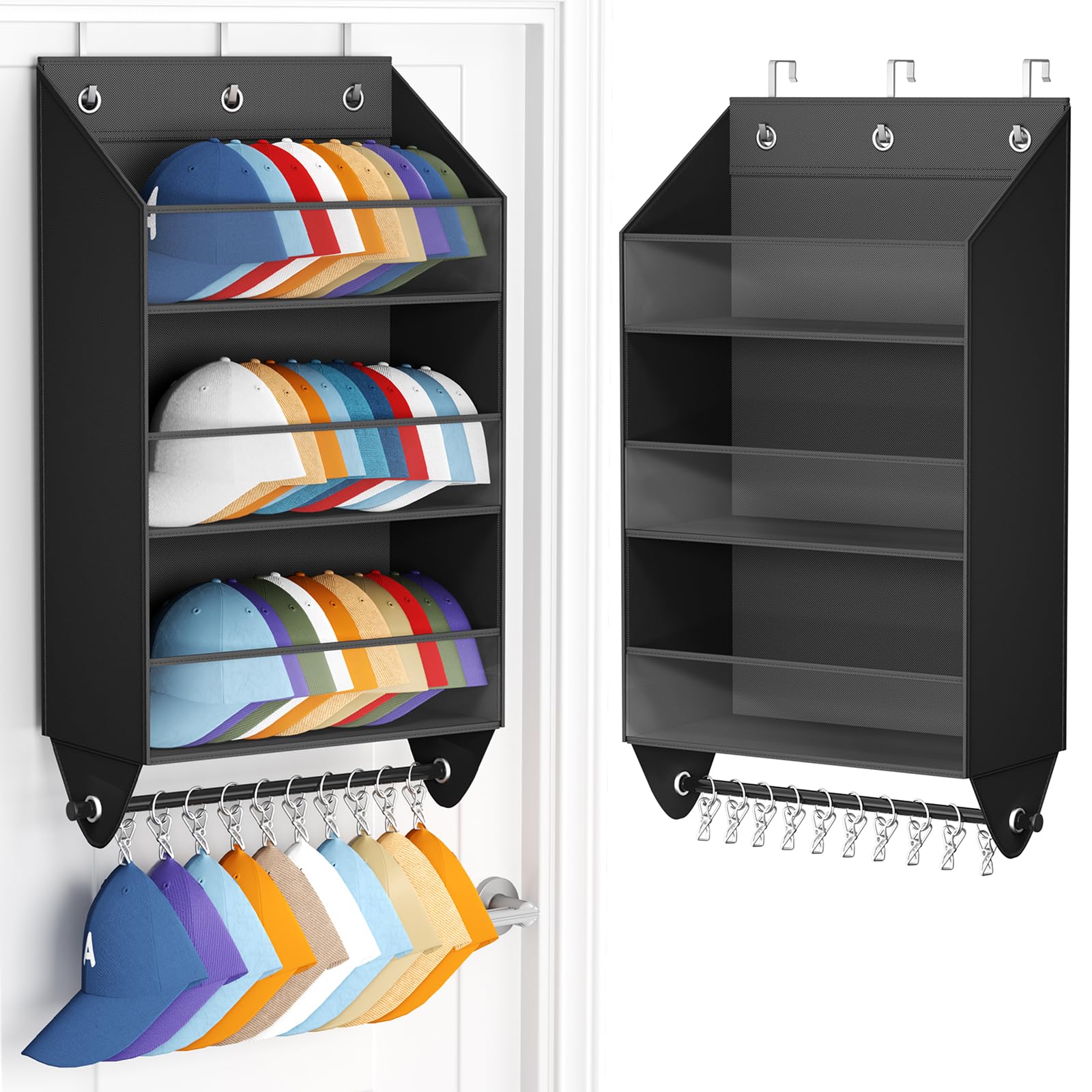 Homsorout Over the Door Hat Rack - 3-Layer Design Hat Organizer Holds 30-36 Hats with 10 Hooks, Ideal Hat Rack for Door, Over the Door Organizer for Closet, Apartment, Bedroom, Dorm, 1 Pack, Black