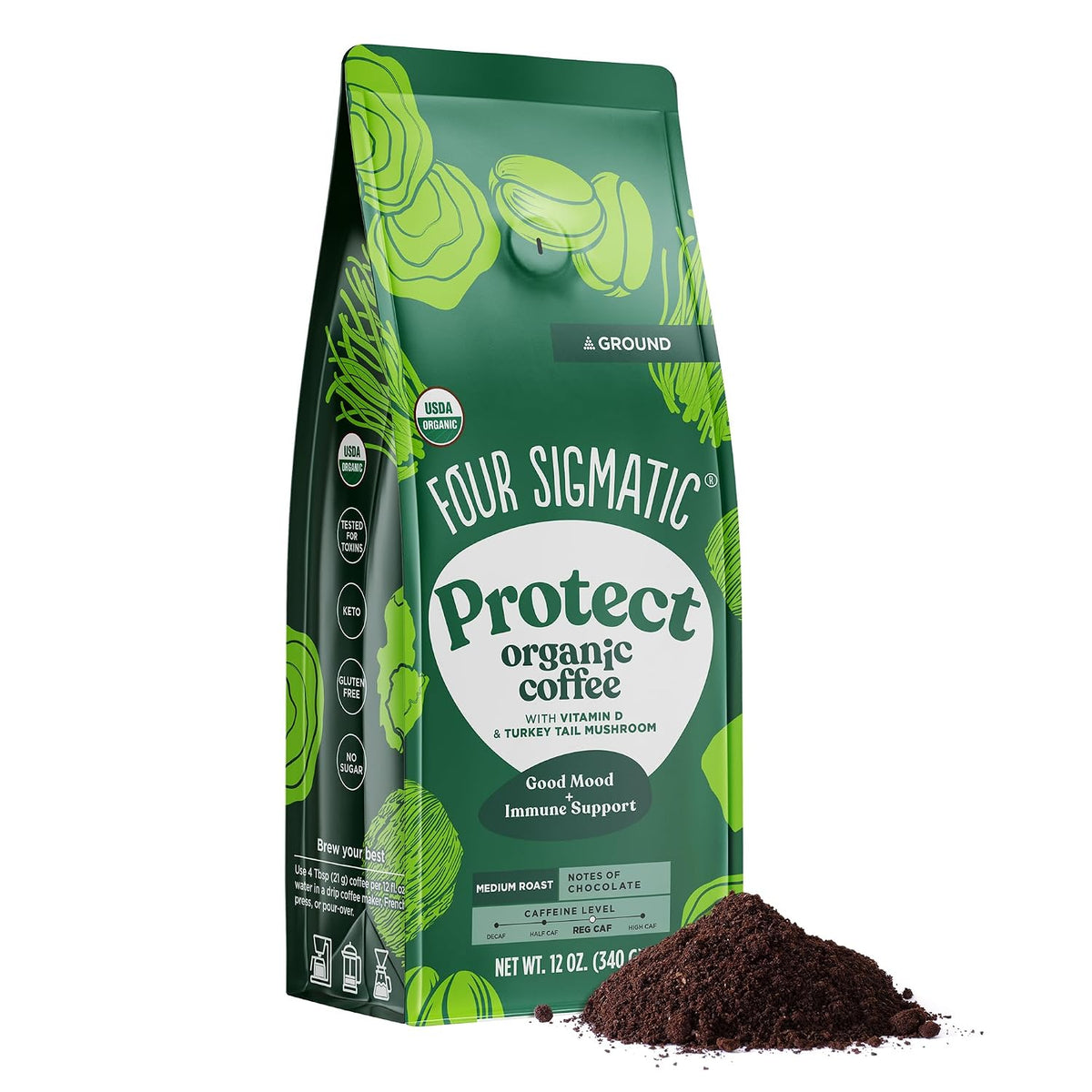 Four Sigmatic Gut Health Organic Ground Coffee | Medium Roast, Immune Boosting Probiotic Mushroom Coffee with Chaga & Turkey Tail for Gut Health & Immune Support | 12oz Bag