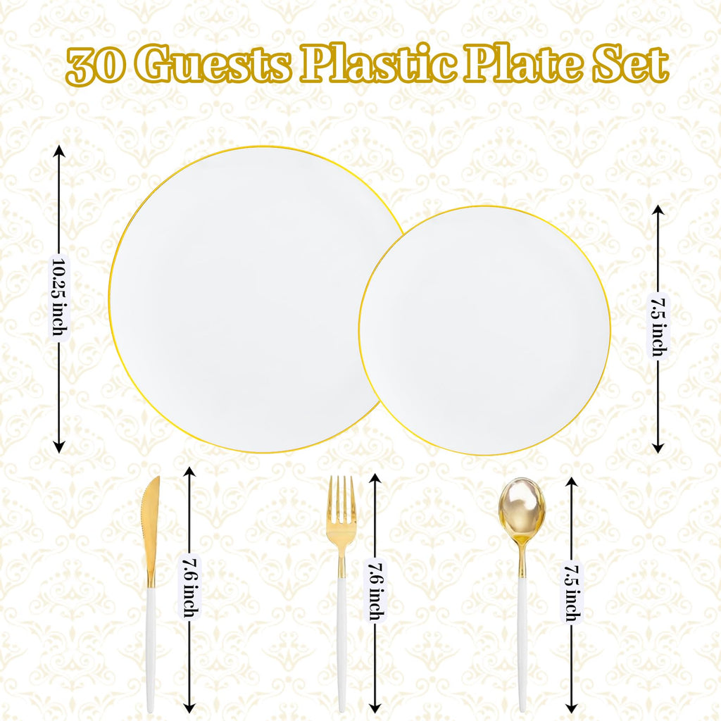 DaYammi 150Pcs Gold Plastic Plates with Disposable Silverware,White Gold Disposable Dinnerware Set - 30 Dinner Plate,30 Dessert Plate,90 Gold Cutlery with White Handles,Fancy Plates for Party Wedding