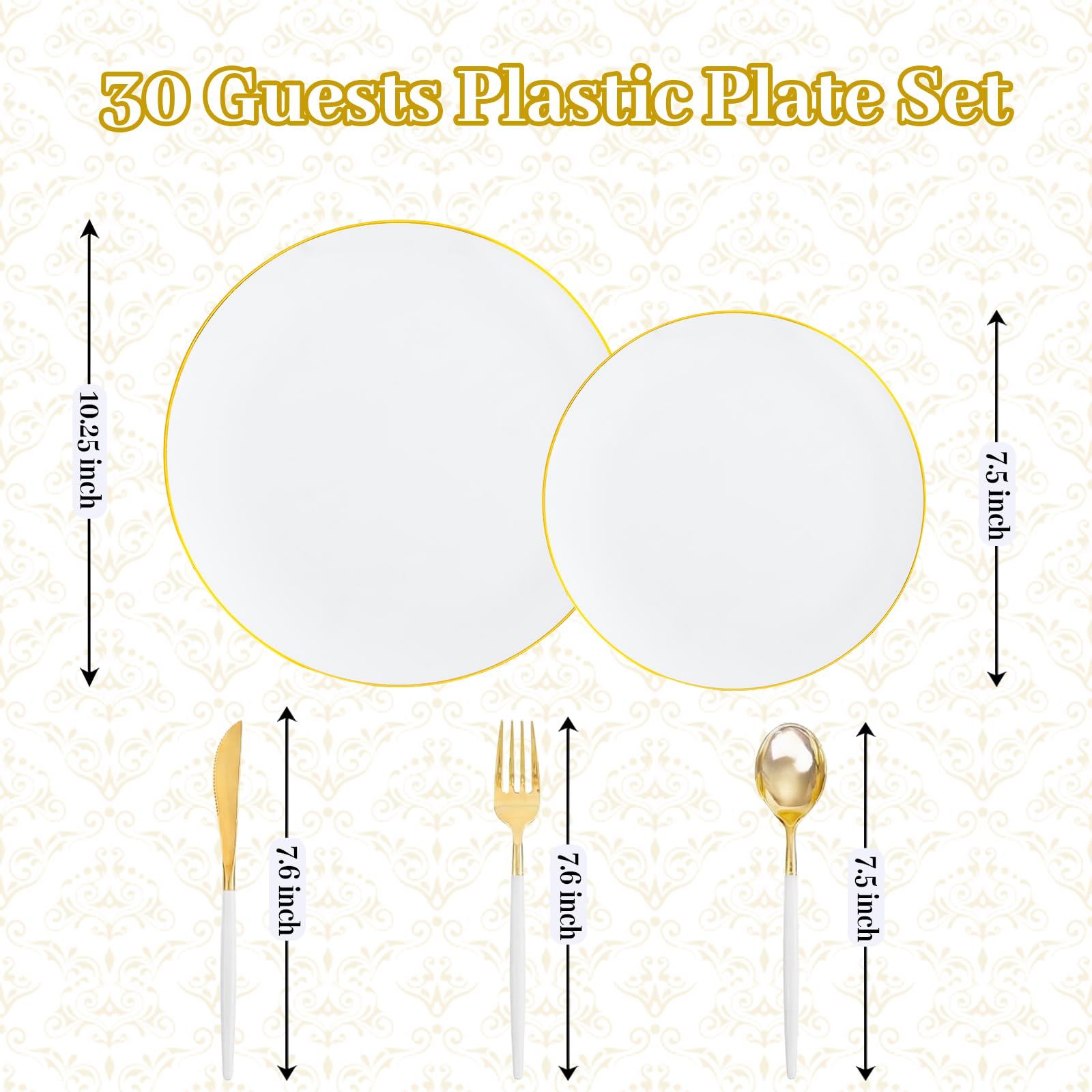 DaYammi 150Pcs Gold Plastic Plates with Disposable Silverware,White Gold Disposable Dinnerware Set - 30 Dinner Plate,30 Dessert Plate,90 Gold Cutlery with White Handles,Fancy Plates for Party Wedding