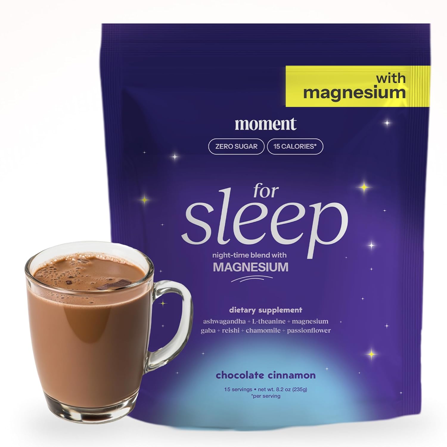 Moment Sleep Powder (Shark Tank) | Hot Chocolate | Melatonin Alternative | 0 Sugar | Low Calorie | Mushroom Drink | Adaptogens, Reishi, GABA, Magnesium, Chamomile | Keto | Dairy Free | 30 Servings