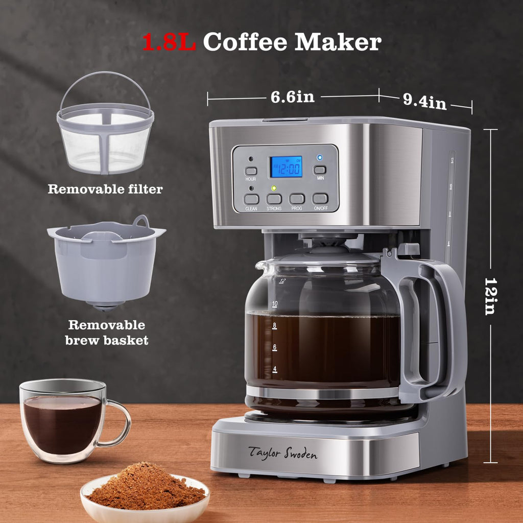 Taylor Swoden 12-Cup Programmable Coffee Maker, Regular & Strong Brew Drip Coffee Machine for Home and Office, Glass Carafe, Pause & Serve, Auto Shut Off, Black & Stainless Steel