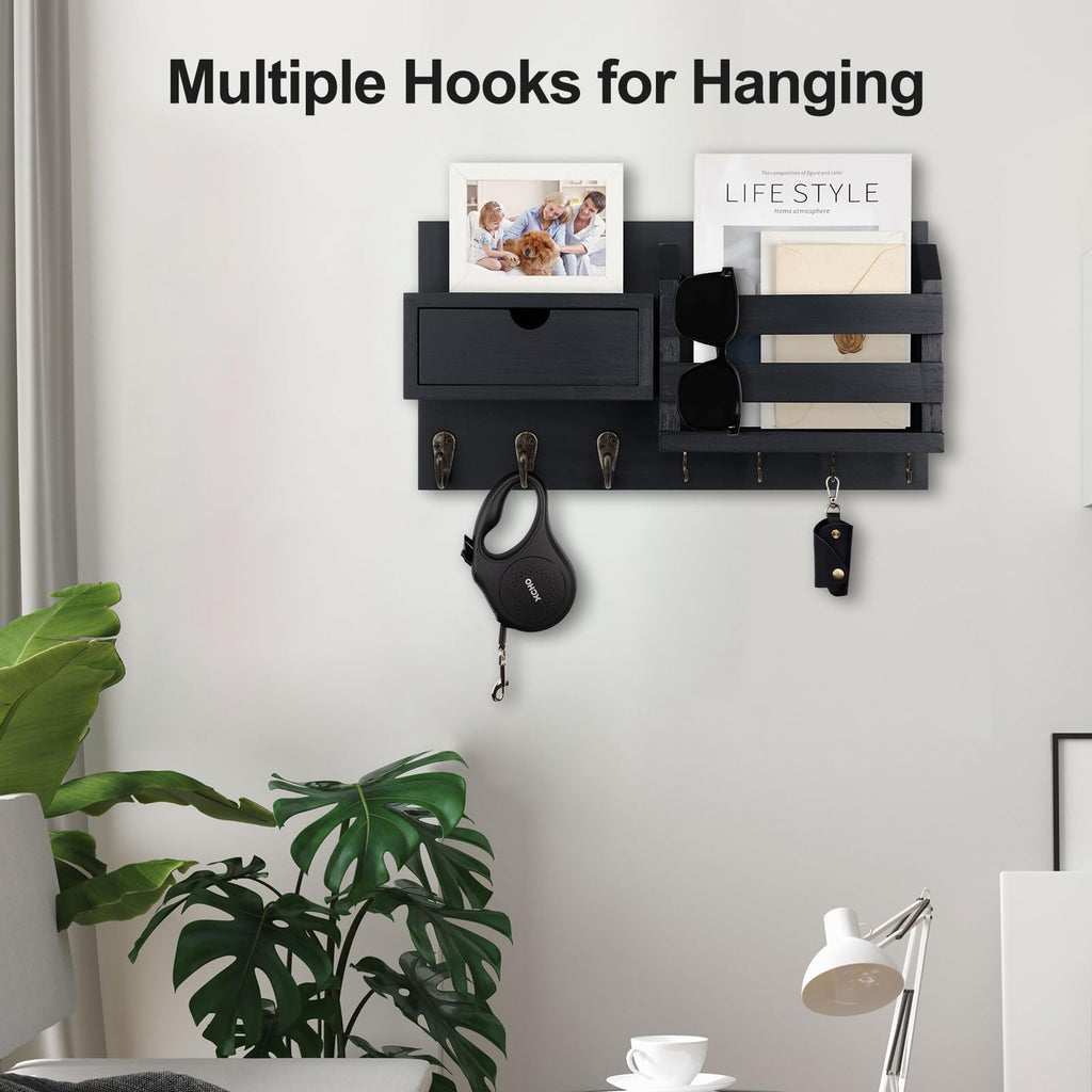 Wall Mount Key Holder with Mail Organizer, 100% Paulownia Wood, 7 Metal Hooks, Storage Drawer, Entryway Home Decor (Brown)
