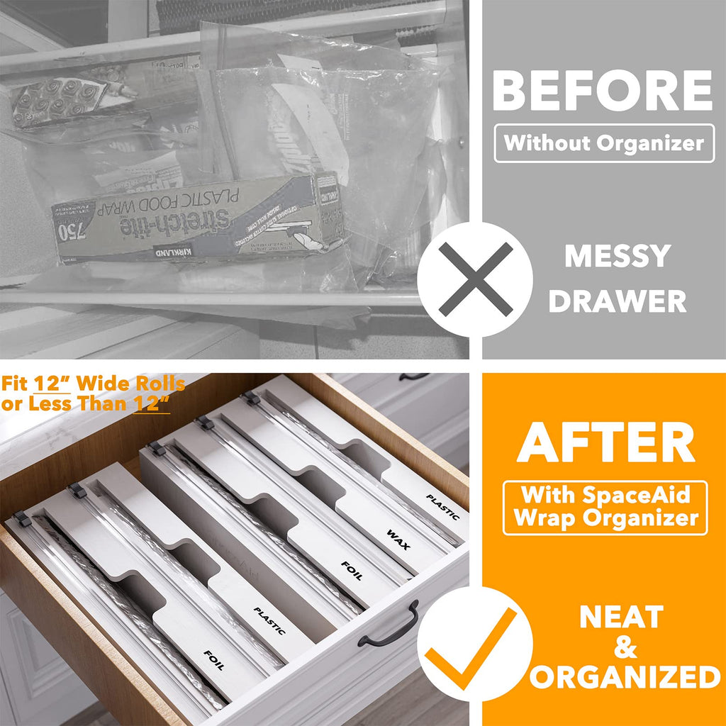 SpaceAid WrapNeat 3 in 1 Wrap Organizer with Cutter and Labels, Plastic Wrap, Aluminum Foil and Wax Bamboo Dispenser for Kitchen Storage Organization Holder for 12" Roll (Natural)