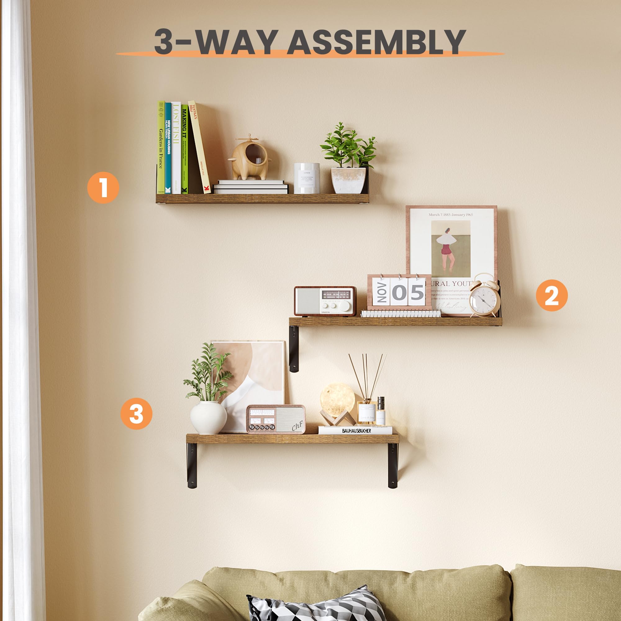 upsimples Floating Book Shelves for Wall, 15.7 Inches Wood Shelves for Living Room, Bathroom, Bedroom, Kitchen Storage and Decoration, White