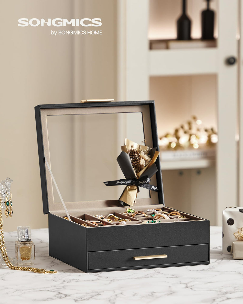 SONGMICS GISELLA Collection - Jewelry Box Organizer, 3-Layer Jewelry Storage with 2 Drawers, Shiny Metal Hardware, Glass Lid, Modern, 8 x 9.1 x 5.3 Inches, Cloud White and Gold Color UJBC239WT