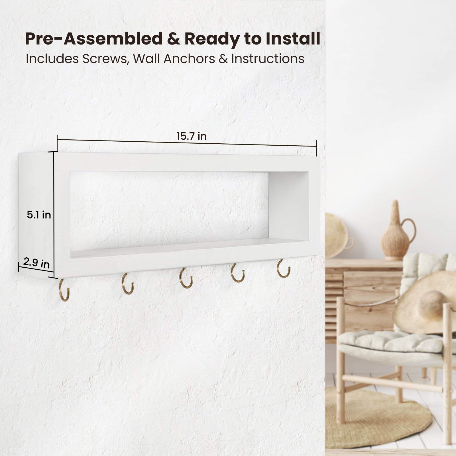 Wall Shelf with Hooks - Decorative Key and Wallet Holder for Wall Holds Sunglasses, Leashes, Scarves and Lanyards - 15.7" x 5.1" x 2.9" Entryway Organizer Made of Paulownia Wood (White)