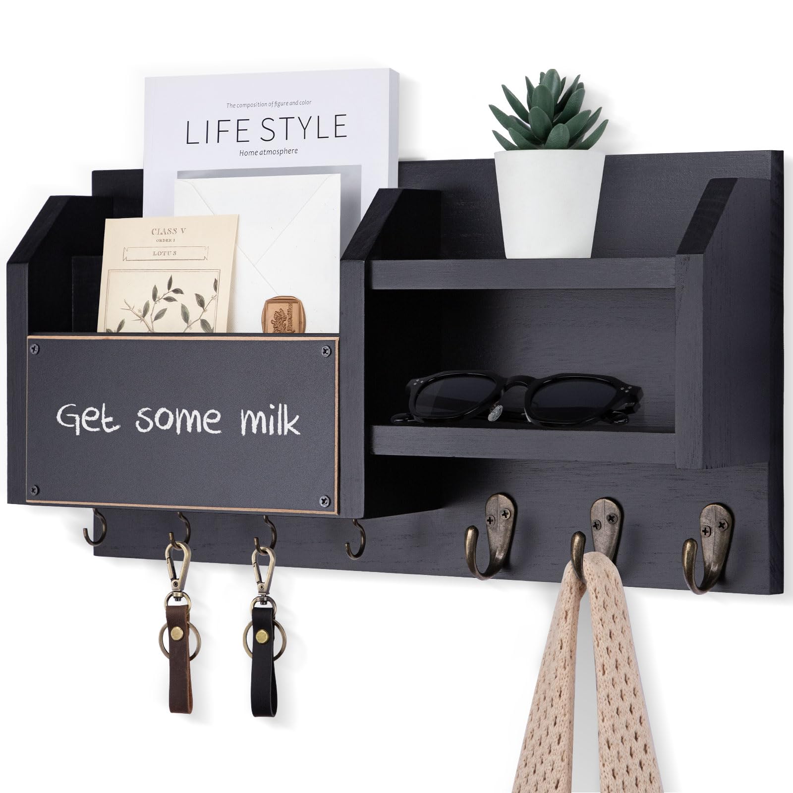 Mail and Key Holder – Wall Mount Key Hanger with Shelf and 7 Metal Hooks – Decorative Natural Paulownia Wood Entryway Organizer with Mounting Hardware (16.5”W x 8.7”H x 3.5”D) (Brown)