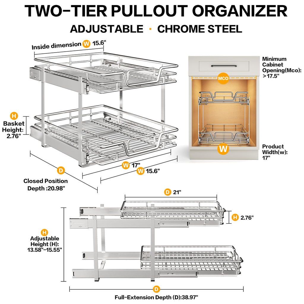 2-Tier Kitchen Cabinet,Pull Out Cabinet Organizer,Shelf and Drawer Organizer Slide Out Pantry Storaqe Basket in Multiple Sizes (12" W x21 D)