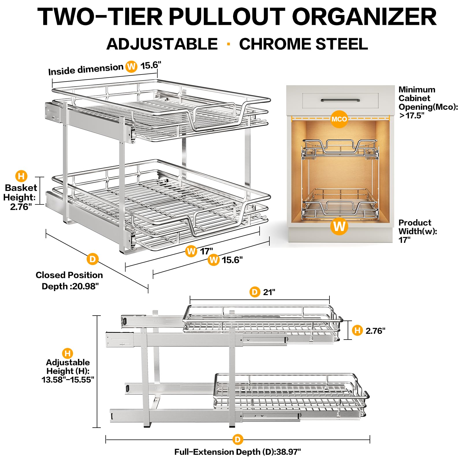 2-Tier Kitchen Cabinet,Pull Out Cabinet Organizer,Shelf and Drawer Organizer Slide Out Pantry Storaqe Basket in Multiple Sizes (12" W x21 D)