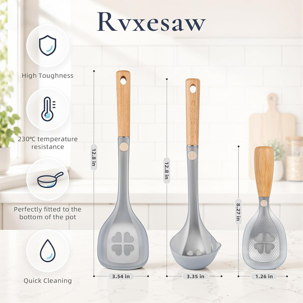 Cooking Spoon and Rice Scooper,Soup spoon for Nonstick Cookwares,3 PIECE for Cooking and Serving Sturdy BPA-Free food grade Silicone,Wood Handle Spoon for Mixing,Scoop,and Scrape