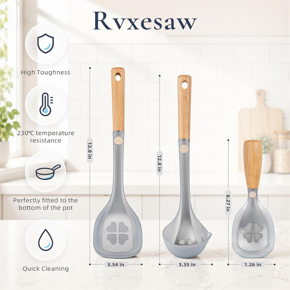Cooking Spoon and Rice Scooper,Soup spoon for Nonstick Cookwares,3 PIECE for Cooking and Serving Sturdy BPA-Free food grade Silicone,Wood Handle Spoon for Mixing,Scoop,and Scrape
